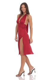 Satin Ruffle Slit Dress in Red