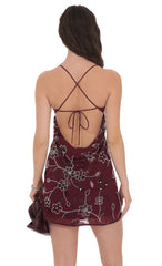 Floral Beaded Sequin Open Back Dress in Burgundy