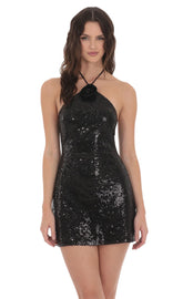 Sequin Florette Halter Dress in Black