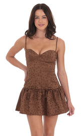 Floral Double Bow Drop Waist Dress in Brown