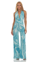 Drape Open Back Jumpsuit in Blue Swirl
