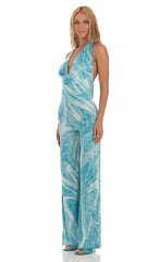 Drape Open Back Jumpsuit in Blue Swirl