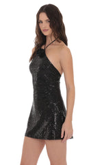 Sequin Florette Halter Dress in Black